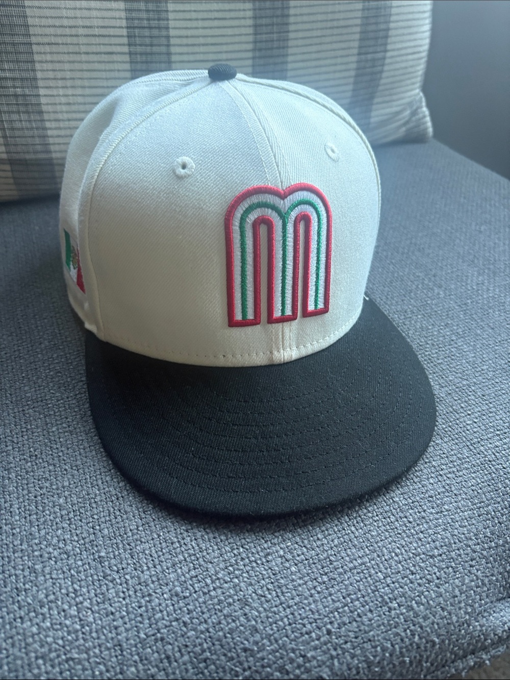 New Era White Crown Black Brim Snapback with Red, Green & Pink 'M' Logo